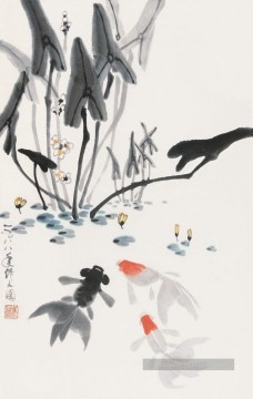  Vieille Tableaux - Wu Zuoren jouant du poisson 1988 vieille encre de Chine